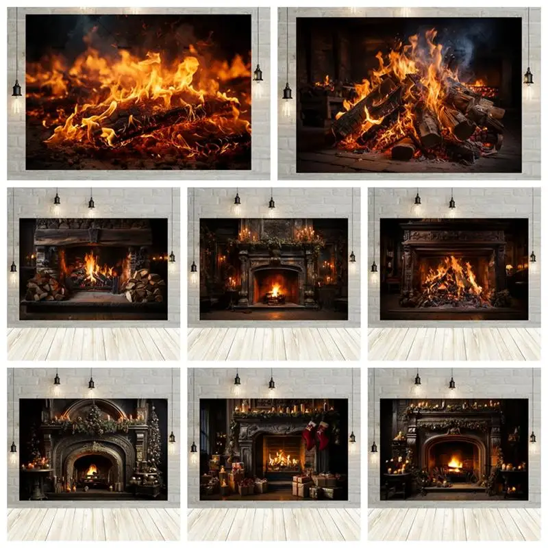 

Winter Fireplace Christmas Backdrops Photography Buring Fire 2023 Xmas Family Party Photographic Background Studio Shoots Props