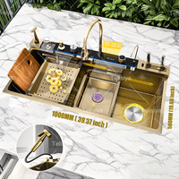 Golden Stainless Steel Waterfall Kitchen Sink Multifunctional Large Single Slot Digital Display Dishwashing Sinks