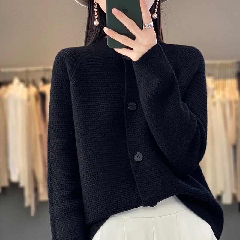 100% Cashmere Women Sweater Autumn Spring New Standing Collar Hollow-out Cardigan Fashion Casual Knitted Soft Jacket Tops