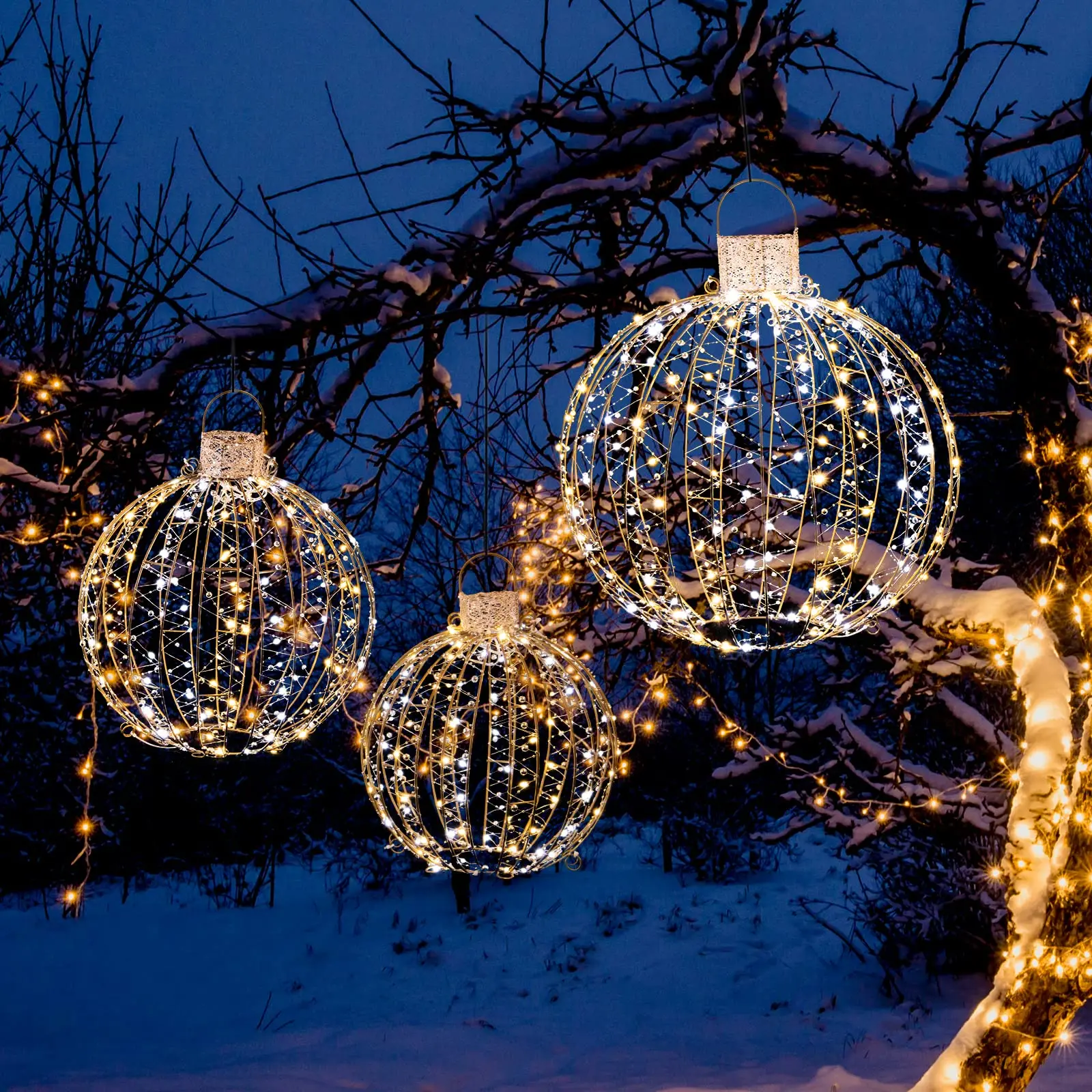 Christmas LED Light Balls for Tree (3 Pack), Outside Lighted Sphere with 180 Warm White & 180 Cold White Lights