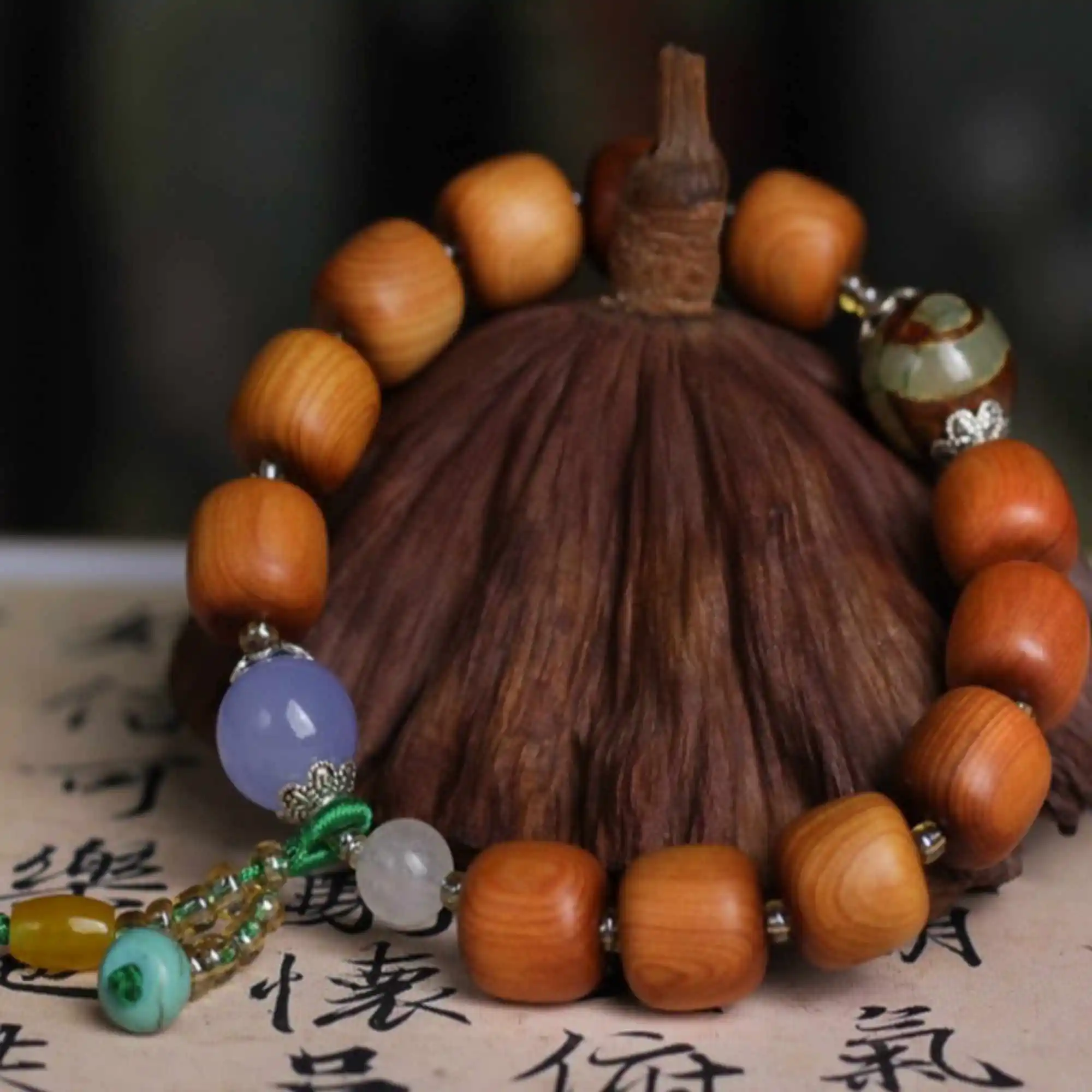 

12mm brown Cypress multicolor bead Barrel bracelet Wrist Artisan Bohemian Link Charm Wear Prayer