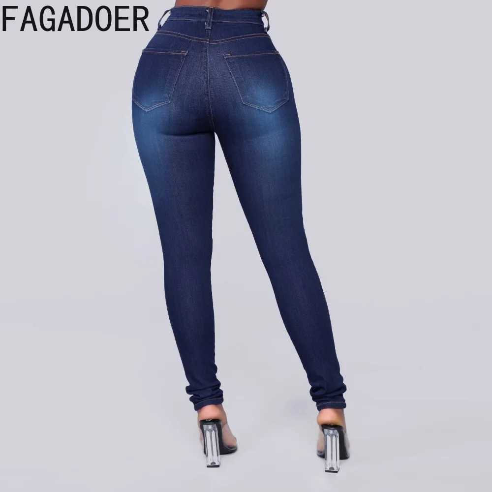 FAGADOER Blue Fashion High Elastic Skinny Jean Pencil Pants Women High Waisted Button Pocket Denim Denim Trousers Female Bottoms