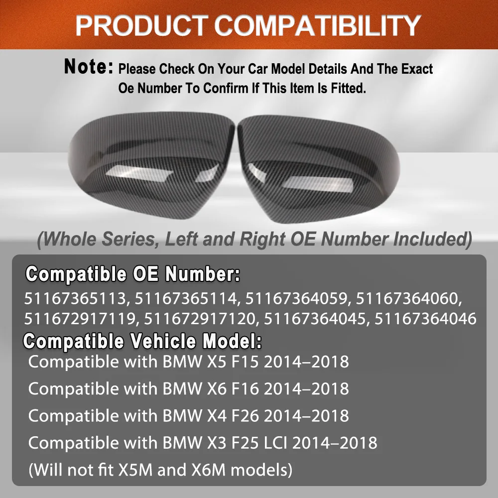

2 шт. крышки зеркала заднего вида на боковые крылья автомобиля для BMW X5 F15 X6 F16 X4 F26 X3 F25 2014-2018 51167365113 51167365114