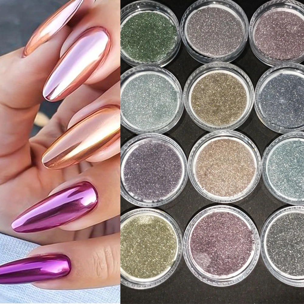 6/12Jars Magic Mirror Chrome Nail Powder Holographic Laser Silver Gold Champagne Nail Powder Pigment Shiny Glitter Nail Art Dust