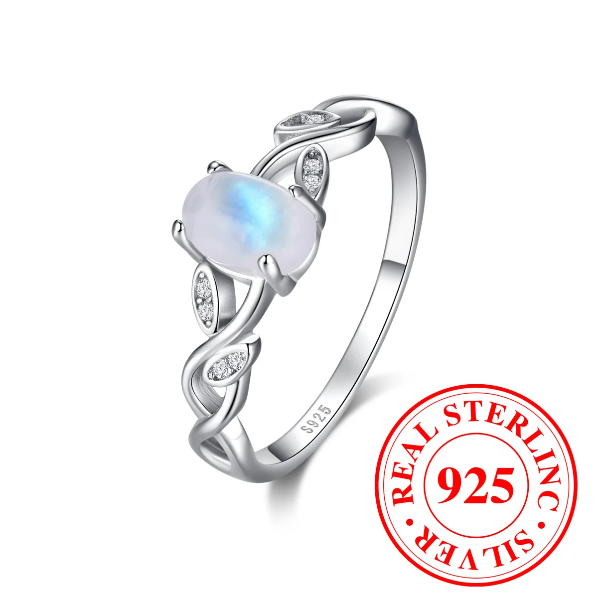 Cute Female Small Oval Nature Moon Stone Ring Vintage Real 925 Sterling Silver Wedding Jewelry For Women