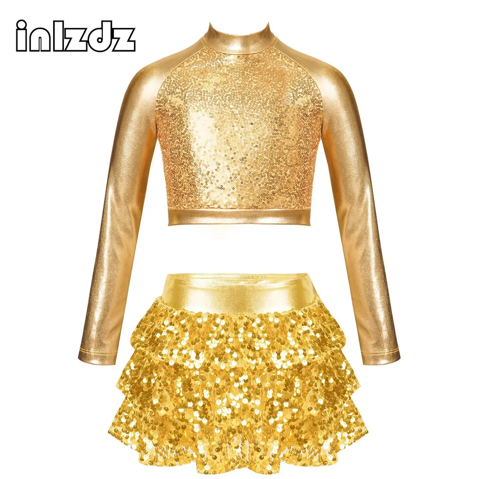 

Kids Girls Sequins Hip Hop Latin Jazz Dance Costume Outfits Shiny Metallic Crop Top+Culottes SetStage Performance Costume