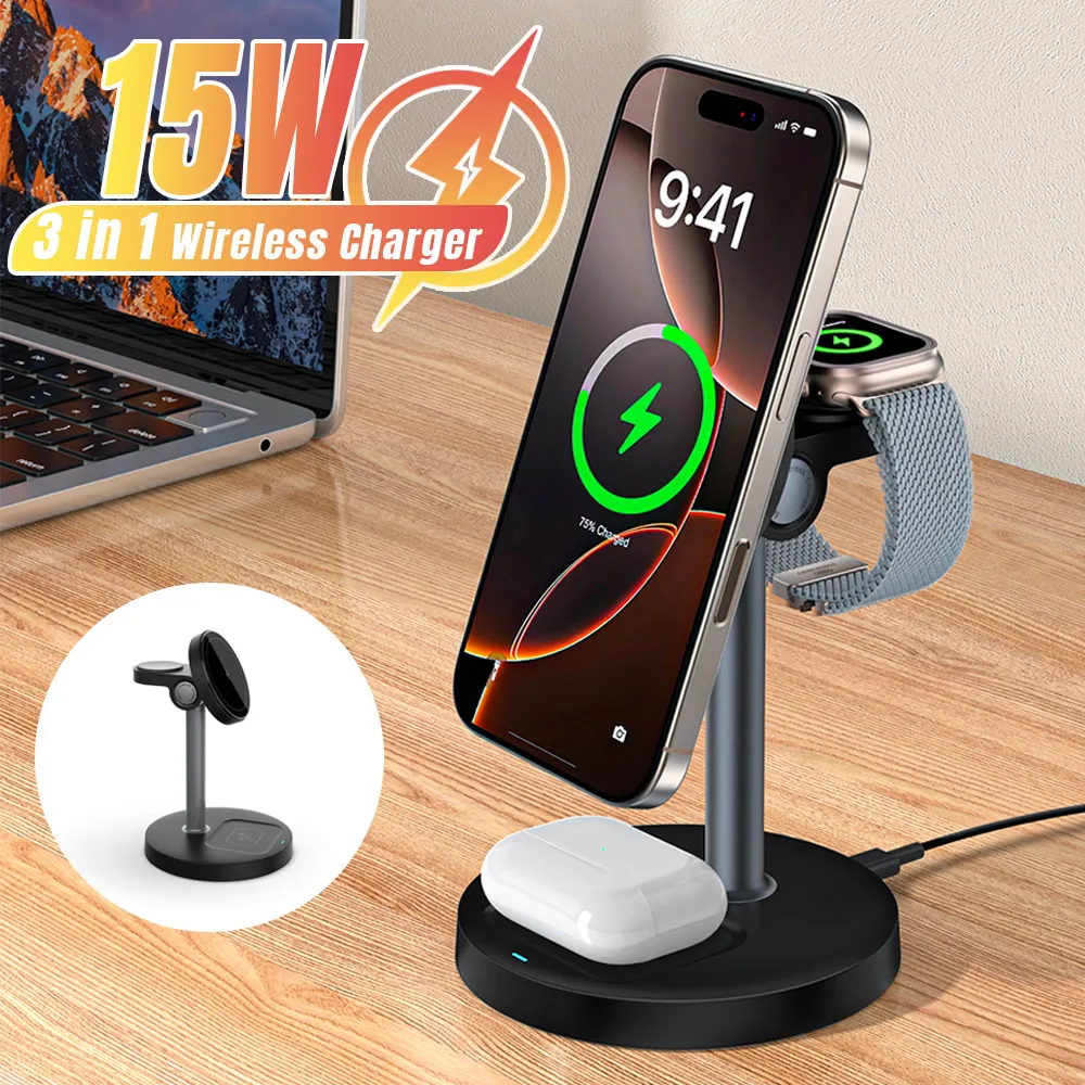 

Беспроводное зарядное устройство 3 в 1, магнитная станция быстрой зарядки 15 Вт для iPhone 16-12 Pro Max iWatch 10/9/8/7 AirPods Pro, быстрые зарядные устройства