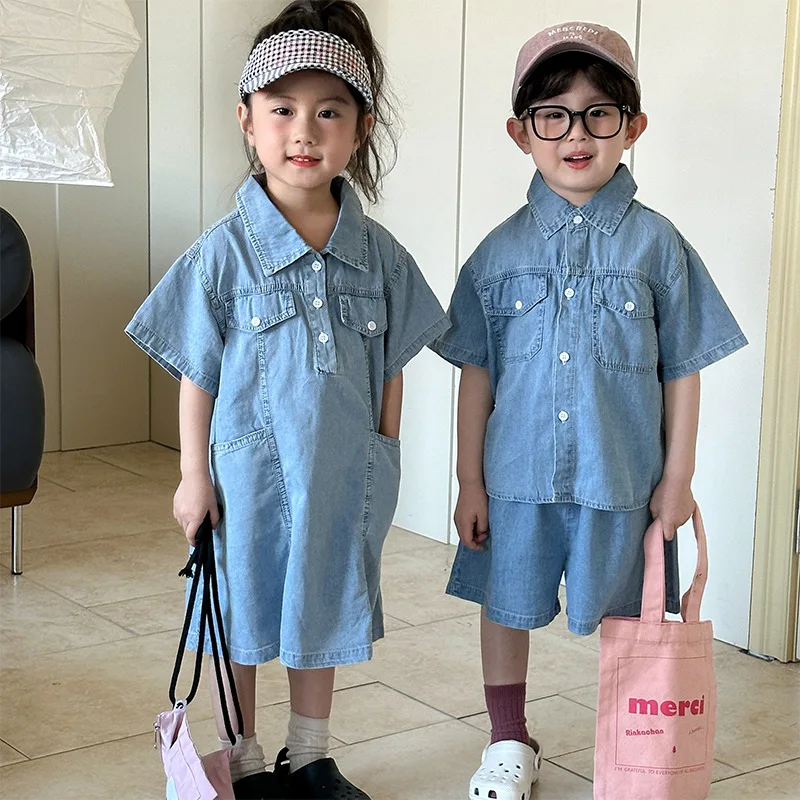 Summer Brother Sister Outfits Boy Children Solid Short Sleeves Shirts + Shorts 2pcs Girl Baby Cotton Casual Denim Princess Dress