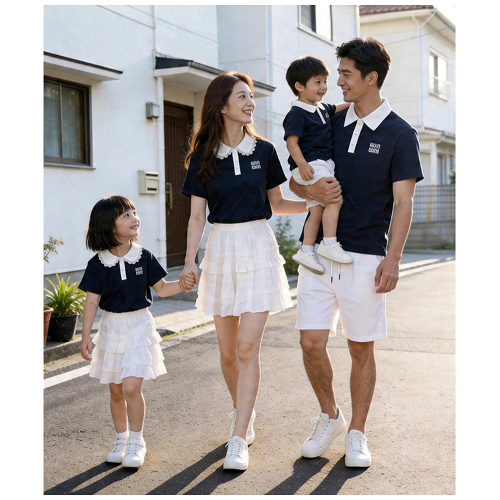 2026 Summer Family Matching Polo Shirt Set 3-4PCS Short Sleeve Outfits School Uniform Style Family Look for Kids & Adults