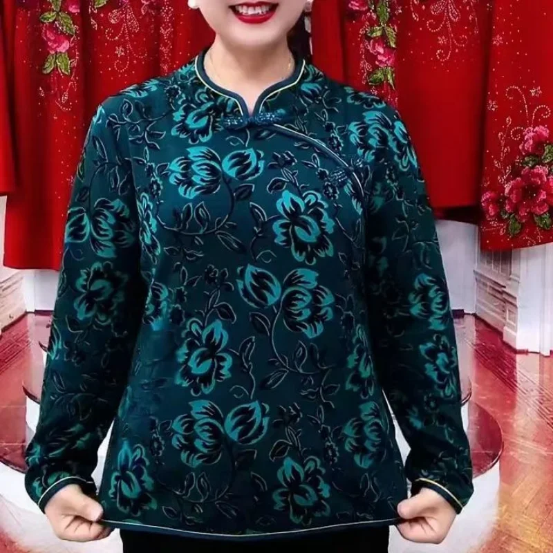 เสื้อยืดผู้หญิงสไตล์วินเทจ คอตั้ง ลายดอกไม้ แฟชั่นฤดูใบไม้ผลิและฤดูใบไม้ร่วง ทรงหลวม ใส่เป็นเสื้อตัวในหรือเสื้อตัวนอก แขนยาว สไตล์ลำลอง