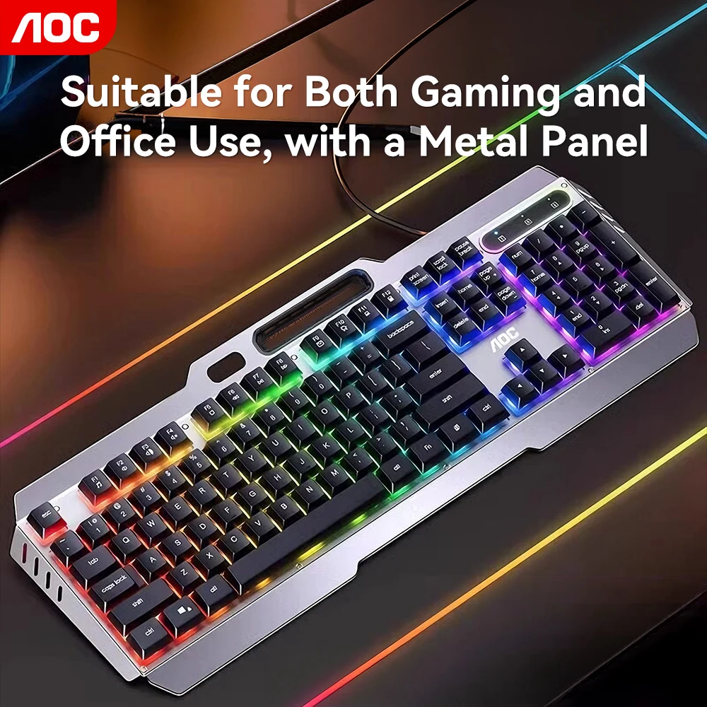 AOC Mechanical Feel Wired Keyboard Brown Switch RGB Light Metal Frame Ergonomic Full Size Keyboard For Desktop Gamer