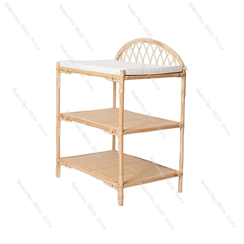 Nordic rattan weaving shelves ins multi-layer floor shelves B&Bs small apartment natural real rattan bookshelves movable storage