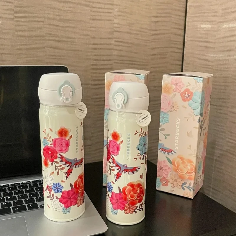 Garrafa Térmica Starbucks x Thermos Floral Bird 500ml de Aço Inoxidável com Tampa Flip Antivazamento para Viagem e Uso Diário