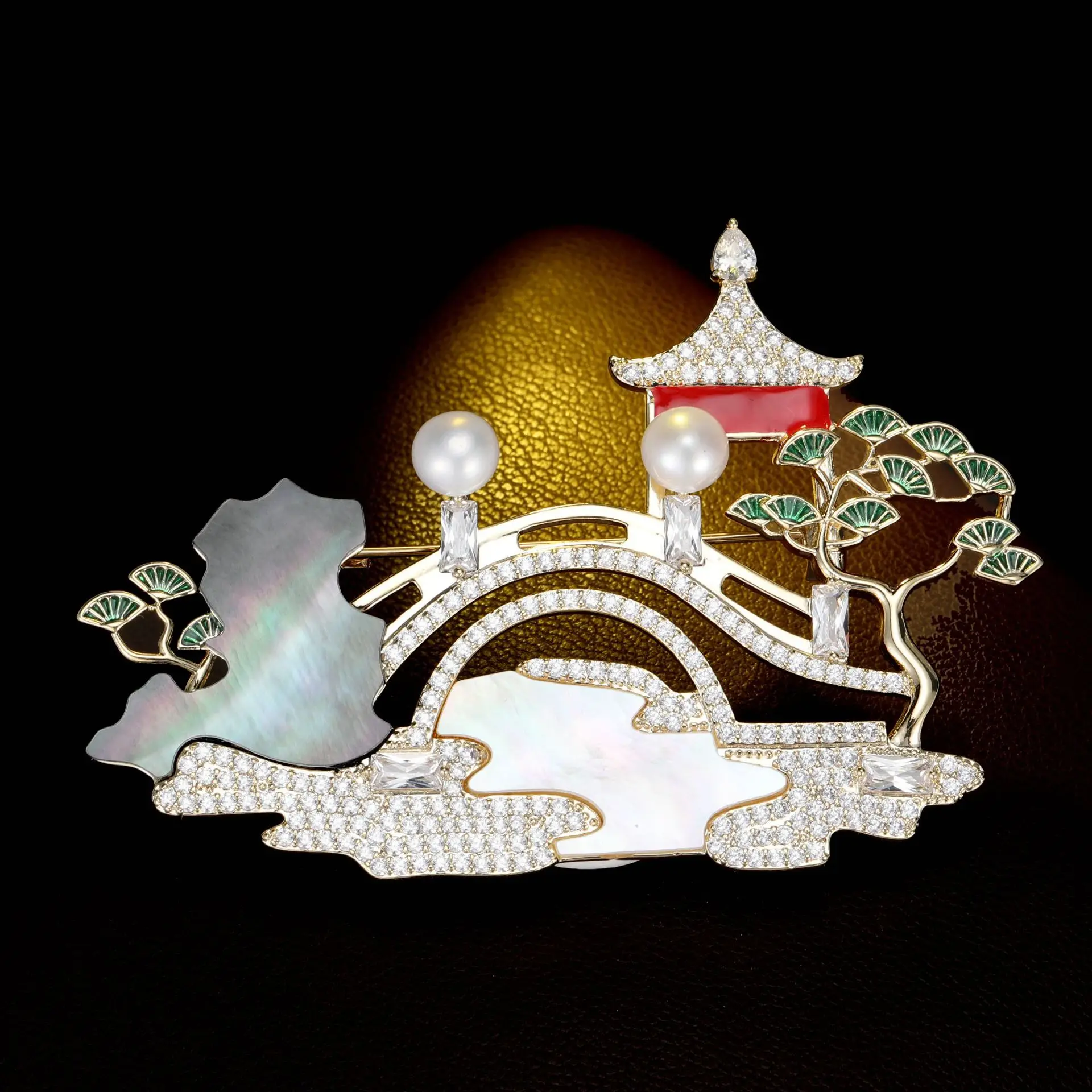 

New Chinese Style Landscape Pavilion Building Creative Broochpin Luxury Natural Shell Freshwater Pearl Auspicious Clouds Pin