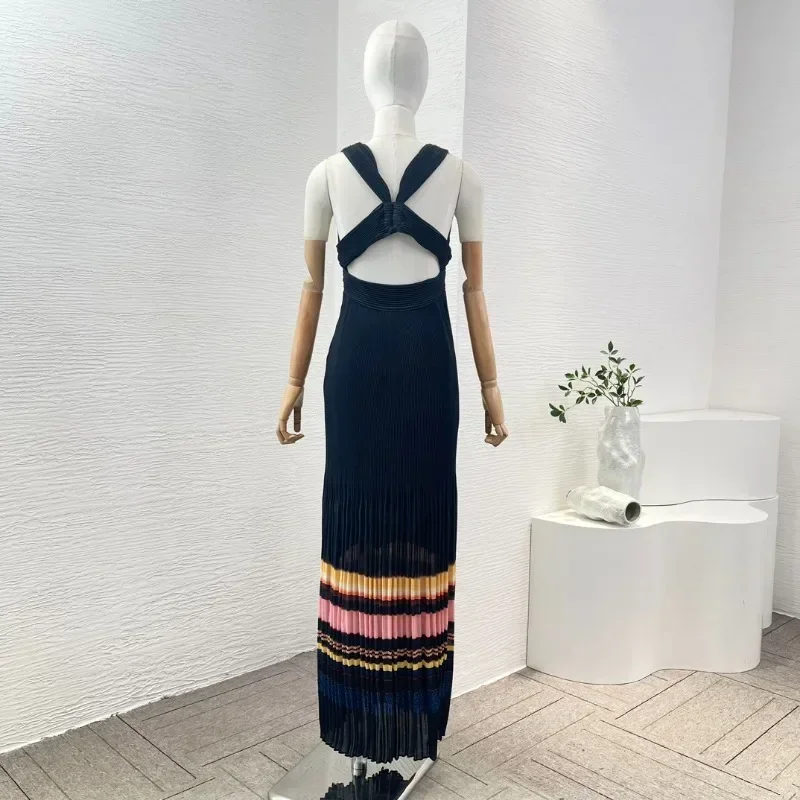 Women Midi Dress Black Multicolor Striped Sleeveless Deep V Neck Tube Sexy Party New High Quality