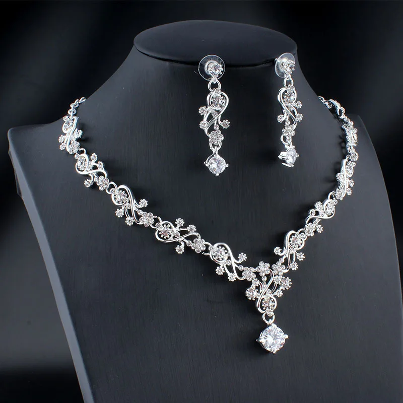 Korean Style Zircon Necklace Earrings Set Bridal Jewelry Silver Gold Minimalist Floral Commute for Women