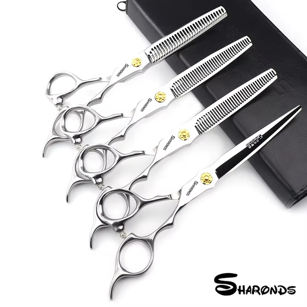 SHARONDS Hairdressing Scissors 6.5-inch Flat Cut Thin V Shaped Tooth Cut Fishbone Set Exclusive Barber Salon Shear Hair Scissors