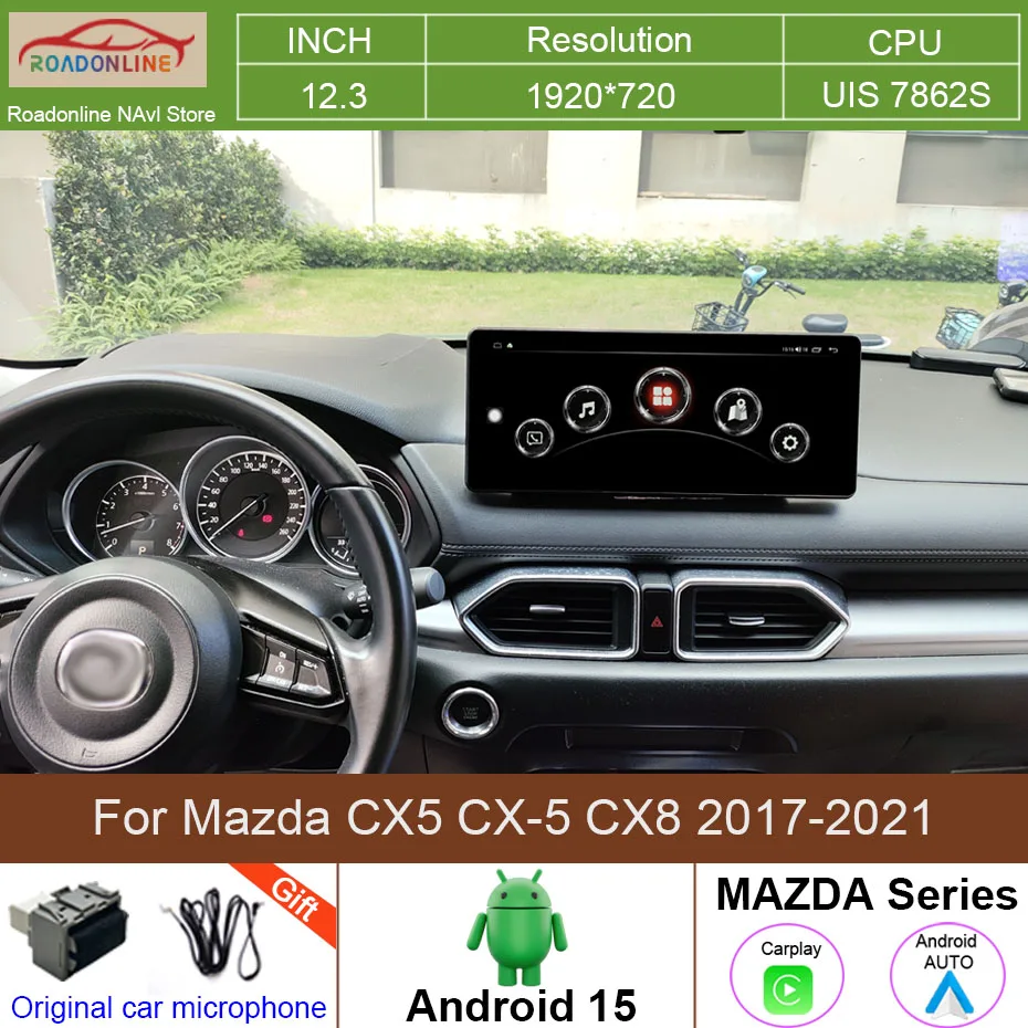 

12.3 Inch QLED Screen Multimedia Video Player For Mazda CX5 CX-5 CX8 2017-2021 CarPlay Android 15 Car Radio 8+256GB WiFi 4G