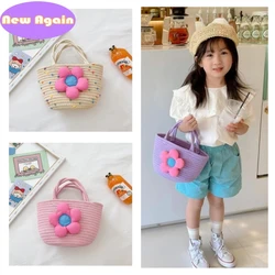 Summer girls flower straw handbags Children's Beach rattan hand bags Kids lovely stylish totes Teenagers vacation Purses NAB294