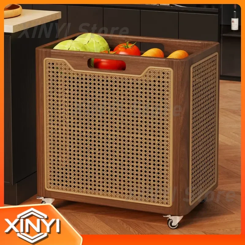 Solid Wood Kitchen Vegetable Rack for Storage Basket Fruit and Vegetable Organizer Household Floor Basket Mobile Trolley for