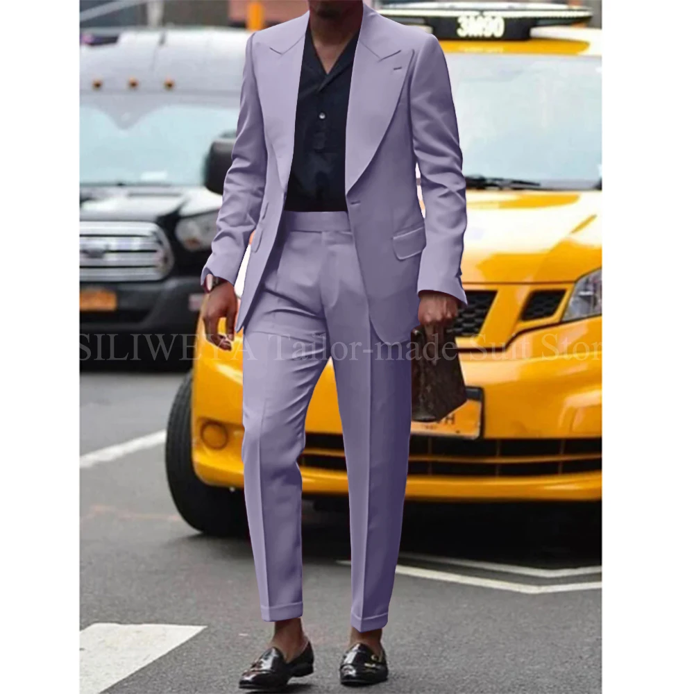 Fashion Hot Pink Men Suits Wedding Terno Clothing Single Breasted Peaked Lapel Double Pockets 2 Piece Jacket Pants Slim Fit
