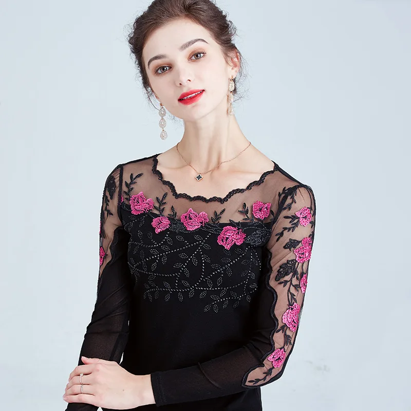 MadBlack European Clothes T-Shirt M-5XL Women Embroidery Diamonds Slim Mesh Tops Long Sleeve Tee Spring Fall T3D707JM