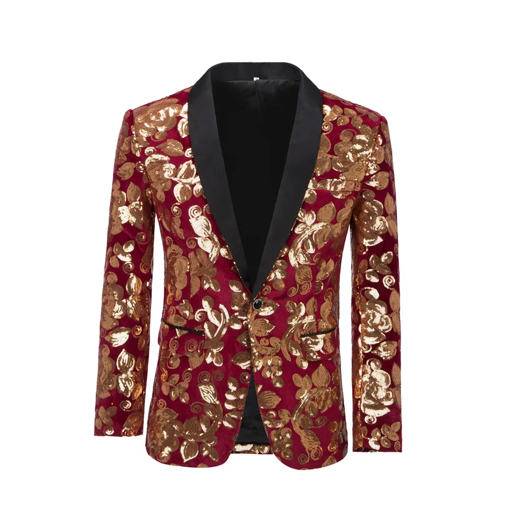 Men Fashion Velvet Sequins Floral Pattern Suit Jacket Blazer Luxury Brand Stage Clothing Slim Fit Tuxedo