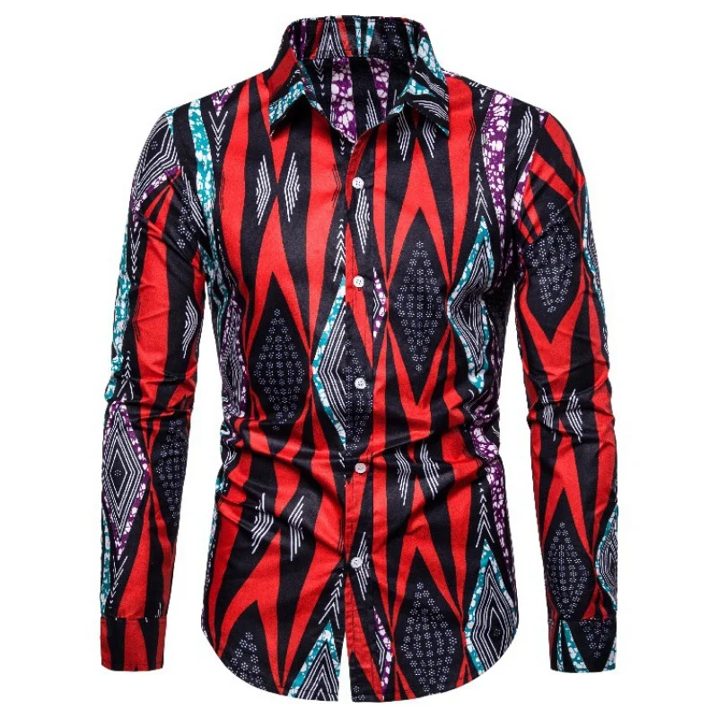 New Men\'s Button Shirt Dashiki African Print Shirts Long Sleeve Tops Traditional Couple Clothes Hip Hop Ethnic Style Streetwear