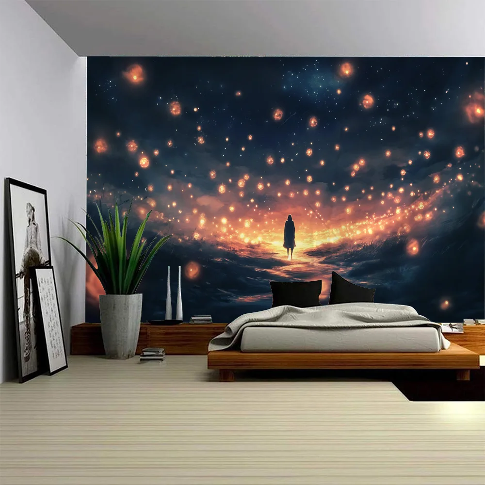 

Human and Starry Sky Tapestry Wall Hanging Dreamy Meditation Background Poster Home Dormitory Studio Decoration Fabric Mural