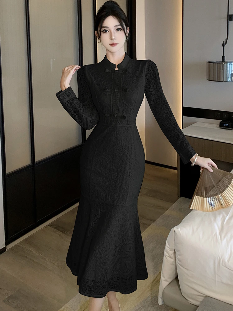 

Women Elegant Luxury Festival Party Dress 2025 Black Lace Jacquard Polo Collar Dress Autumn Korean Bodycon Ruffled Mermaid Dress
