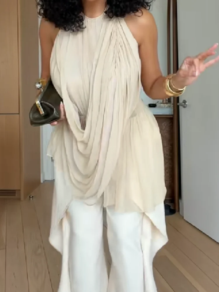 Casual Blouse For Women Trendy High Halter Bare Back Front Draped Gathered Irregular Hem Sleeveless Lady's Daily Commuter Top