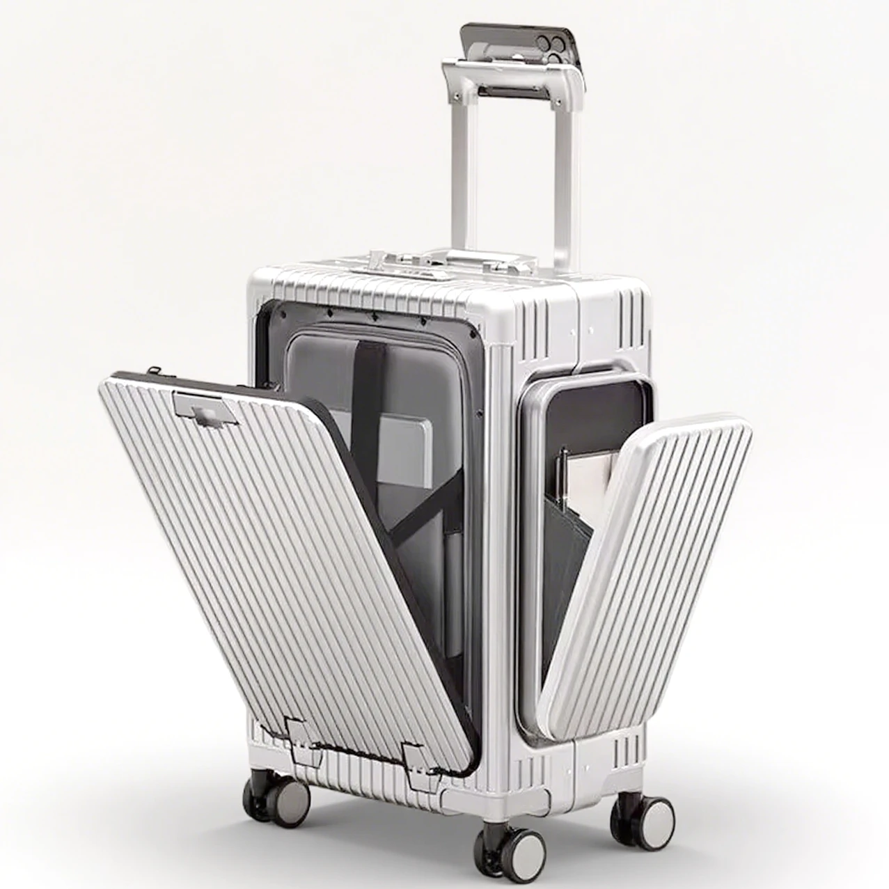 

Tri-Zone Access Opening Suitcase Aluminum Frame PC Material Travel Case with Spinner Wheels Cup Holder TSA Lock Rolling Luggage