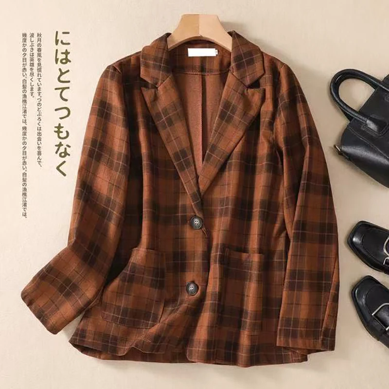 

Fashion High Quality Plaid Suit Jacket Literary Loose Joker Suit Shirt V-Neck Comfortable Button Breathable Coat