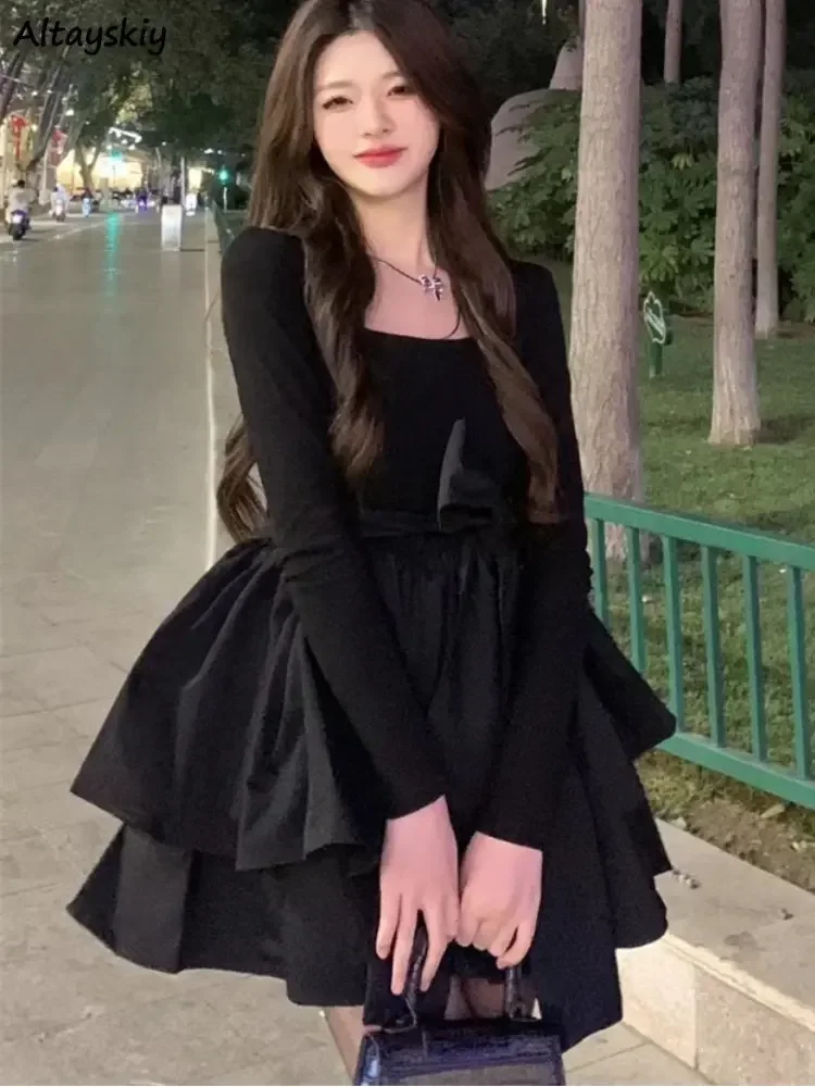 Mini vestidos femininos design em camadas hotsweet estilo coreano streetwear moda gola quadrada primavera elegante temperamento a linha ins feminino