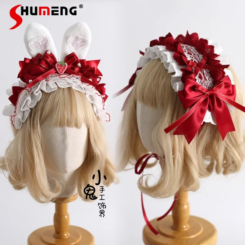 

Original Lolita Cupcake Red Cartoon Ear Headband Bowknot Little Bunny Hairband Strawberry Cake Hairclip Hair Accessory Ladies