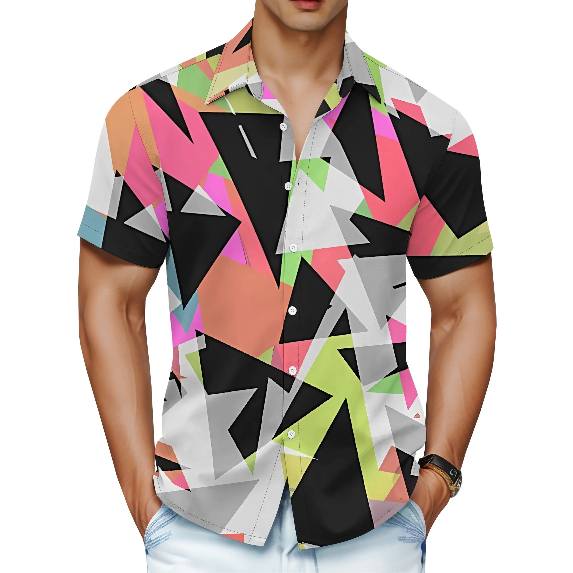 YEAE Camicia con stampa di lettere colorate per uomo Top estivo casual a maniche corte