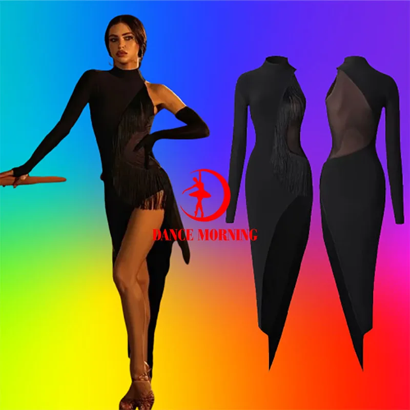 

zym Latin Dance Dress latin dress black Tango Dress Rumba ChaCha fringe latin dresses woman back cut out 25076
