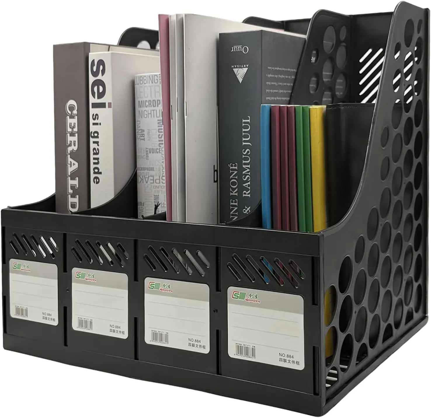 

Plastic Magazine File Holder & Desk Organizer, 4 Vertical Compartments File Folder Organizer for Office Classroom Organization,