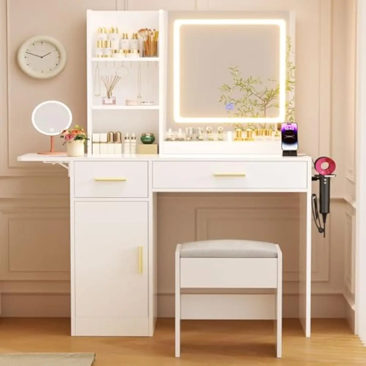 White Modern Vanity Desk Featuring Adjustable LED Mirror Lighting, Expandable Foldable Extension Surface, Integrated Charging Hu