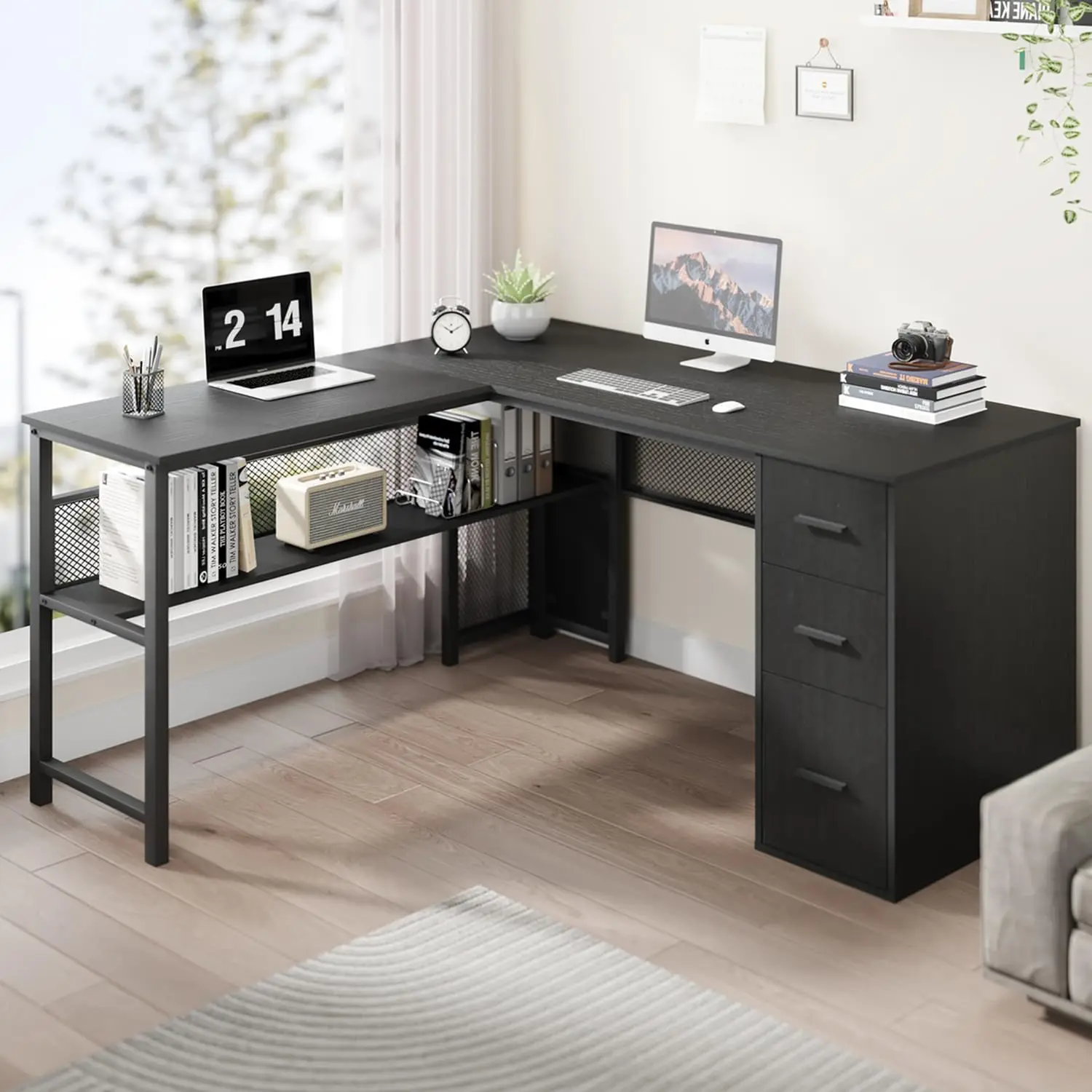 Black L Shaped Desk, Reversible Computer Office Desk with Drawers, Modern Large L Shape Gaming Desk Table with File Cabinets