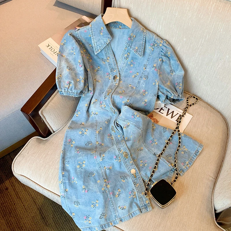 Summer Floral Print Denim Dress Vintage Lapel Short Sleeve Single Breasted Slim Jean Dresses 2023 Chic Elegant Dress
