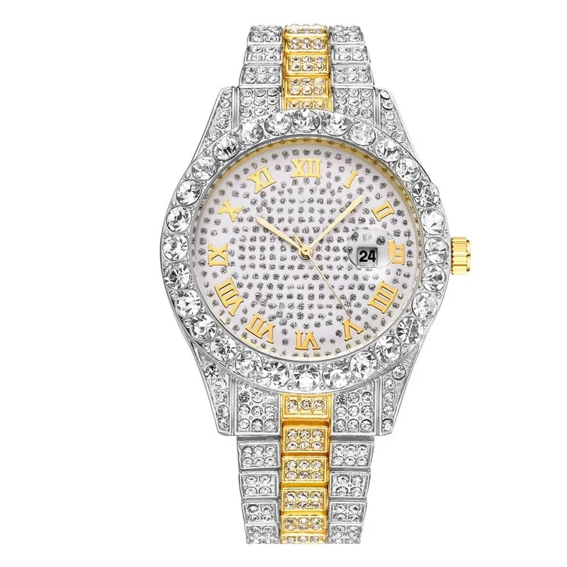 Men Women Watch Luxury Date Quartz Bling Full Rhinestones Watches Cuban Hand Chain Fashion Jewelry