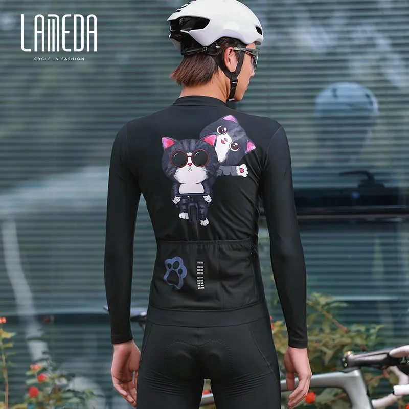 Lameda Waterproof Cycling Clothing Men Fleece Long Sleeve Suit For Autumn Winter Warm Cat Pattern Cycling Suit For Men