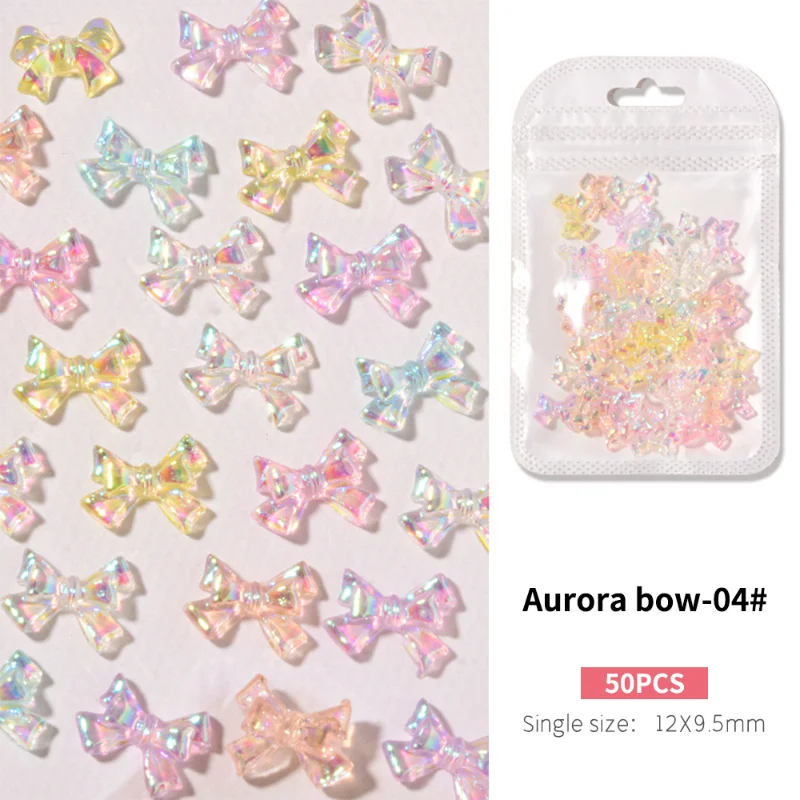 Nœud papillon aurore 3D pour décoration des ongles, ruban magique brillant, breloques en strass, accessoires de manucure, 50 pièces/sac