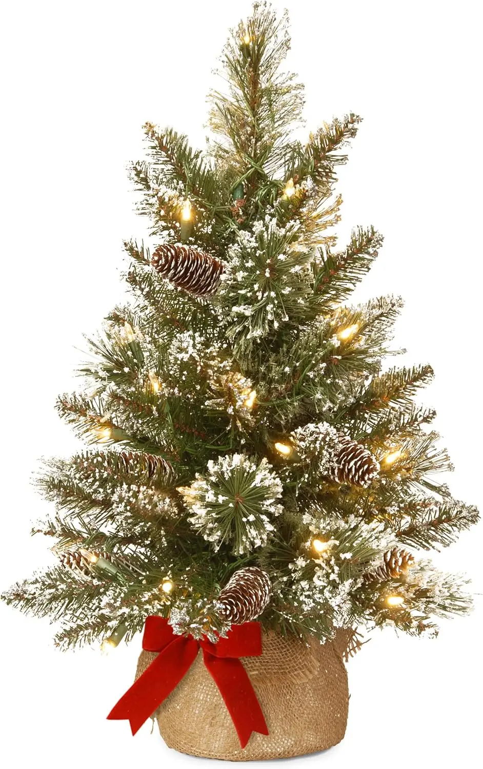 

2 ft Pre-Lit Glittery Mini Christmas Tree with 15 Warm White Lights, Pinecones, Timer, Burlap Base