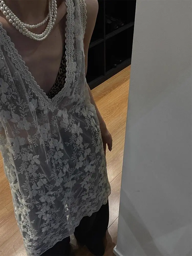 Yedinas V-neck Lace See Through Summer Dress Women Sleeveless Beach Style Korean Fashion Tank Tops Ladies Dresses Loose Chic Y2k