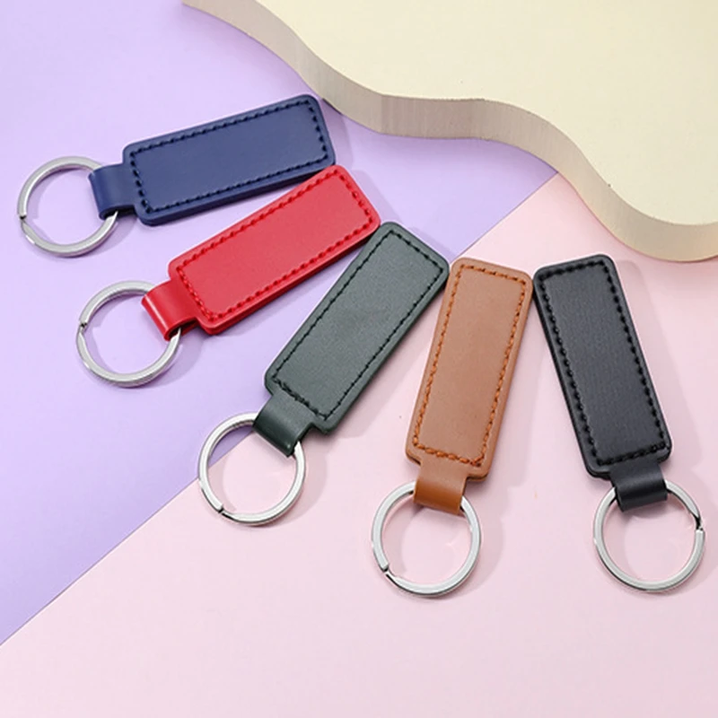 50pcs/Lot Short Doublesided PU Leather Keychain Car Thread Gift Metal Pendant Waist Strap Key Chain Simple Keyholder