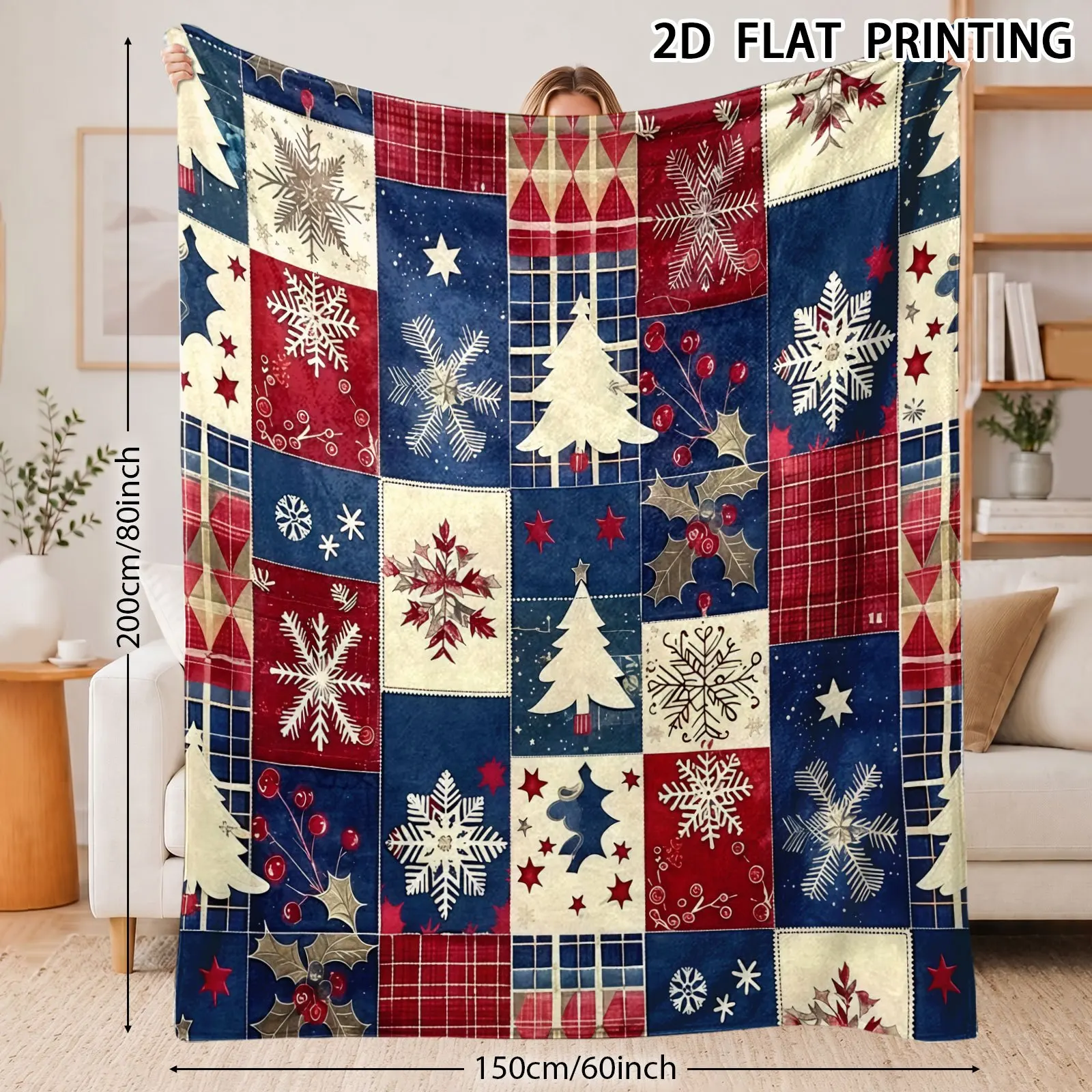 1pc Christmas Tree & Snowflake Patchwork Tartan Printed Throw Blanket, Soft Cozy Warm Contemporary Blanket