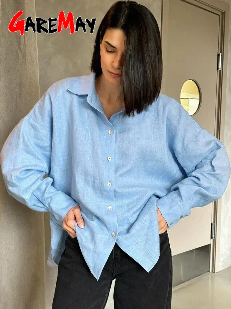 White Women's Linen Shirt Long Sleeve Elegant Pink Oversize Blouse Vintage Spring Basic Top Collar Cotton Linen Shirt for Women 3