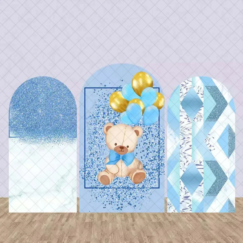 

LS Custom 2-Sided Cute Bear Blue Balloon Kids Birthday Party Baby Shower Covers Arch Wall Background Decor Backdrop Photo